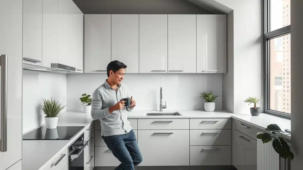 Minimalist contemporary kitchen with sleek slab cabinets, integrated handles, Columbia SC kitchen design trends