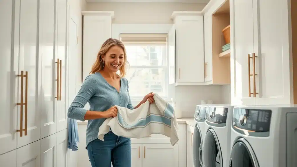 Laundry room with custom cabinets, cheerful homeowner sorting laundry next to built-in storage, bright area, glossy cabinet faces, photorealistic, white and light blue palette