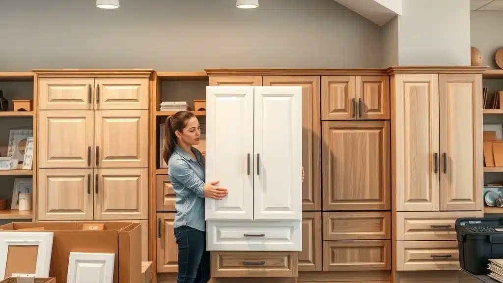 Display of RTA cabinet, assembled cabinet, and custom cabinet sample doors in showroom, kitchen cabinets Columbia SC