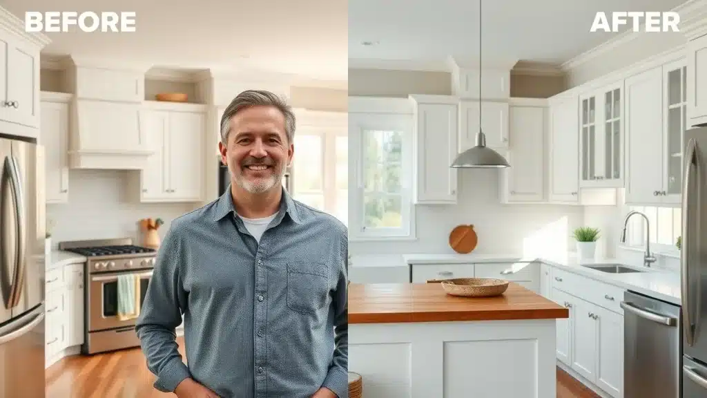 Customer standing in their newly remodeled kitchen after purchasing from a cabinet store near me, before and after cabinet upgrade.