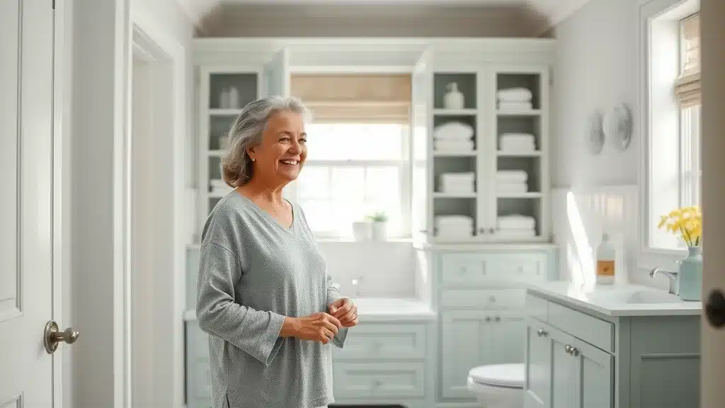 Organized bathroom with custom cabinetry, pleased homeowner opening soft-close bathroom cabinet, spa-like, white and teal palette, photorealistic