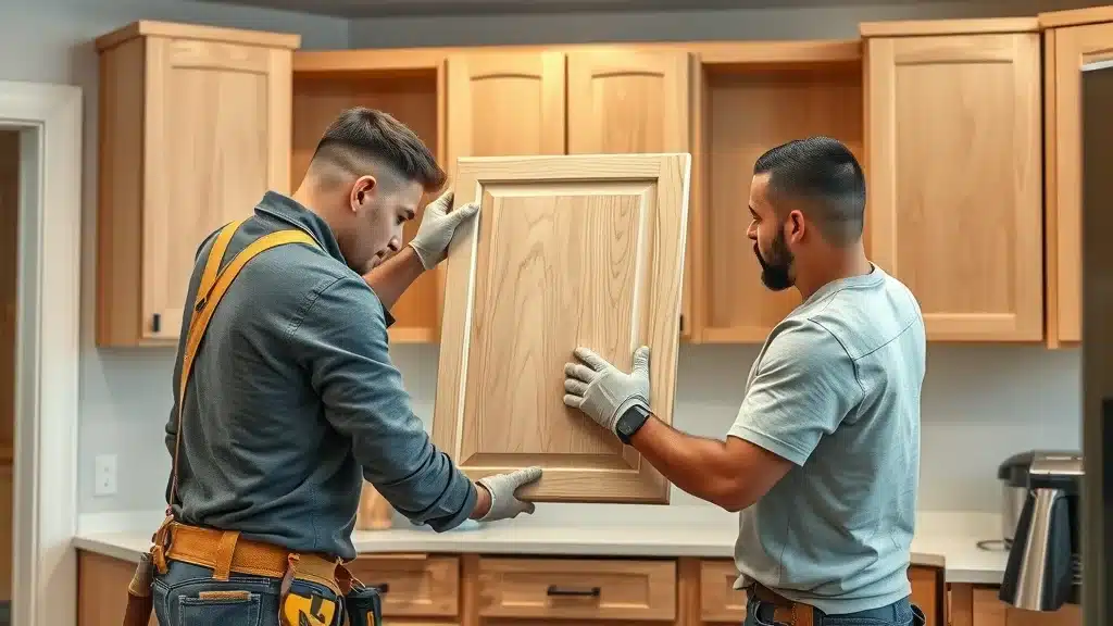 Professional installation of custom kitchen cabinets, two expert installers positioning cabinet panel, high realism, warm wood and clean white, overhead workshop lighting
