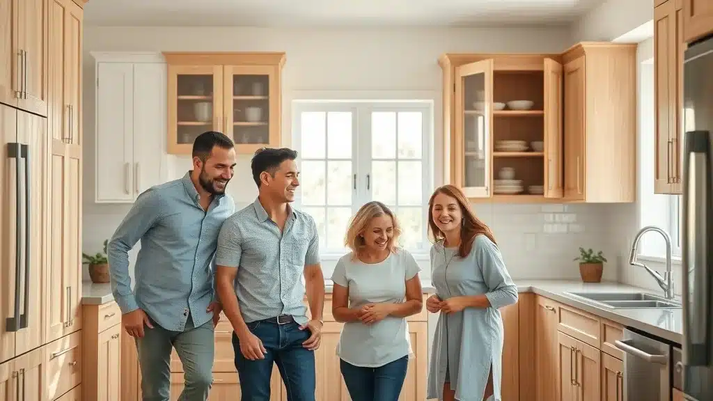 Inviting modern kitchen with custom cabinets, satisfied family interacting, cabinets open showing organized contents, photorealistic, neutral white and warm wood palette, natural daylight