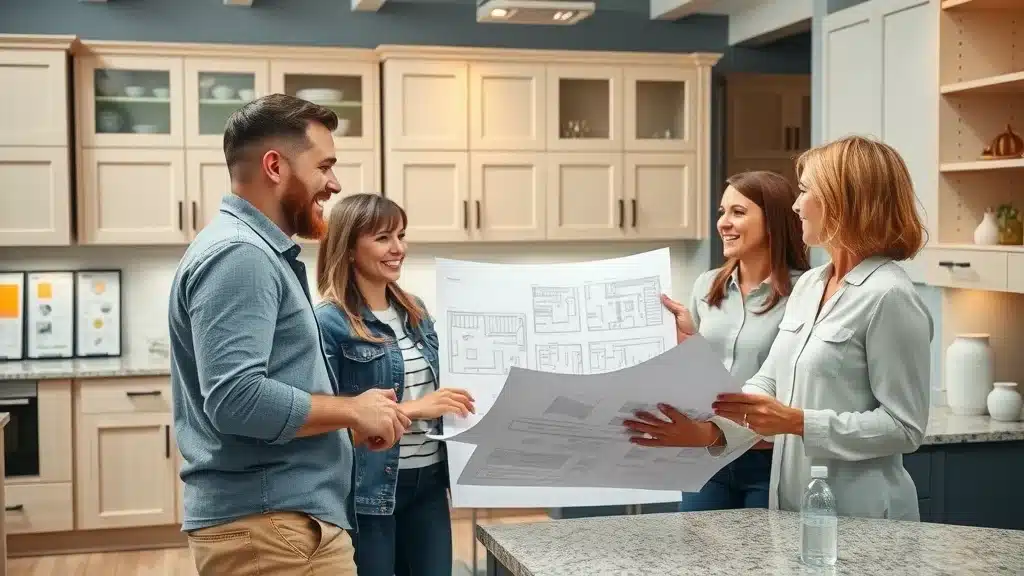 Kitchen designer consulting with customers in a cabinet store near me, reviewing cabinet samples and kitchen layout plans.