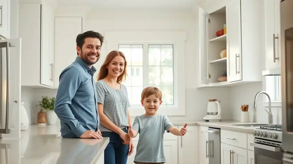 Bright modern kitchen with stylish white shaker cabinets and cheerful family in Columbia SC kitchen, kitchen cabinets