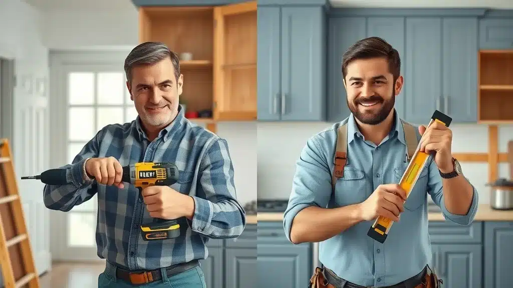 Homeowner and professional installer work side by side on new kitchen cabinets, Columbia SC, installation comparison