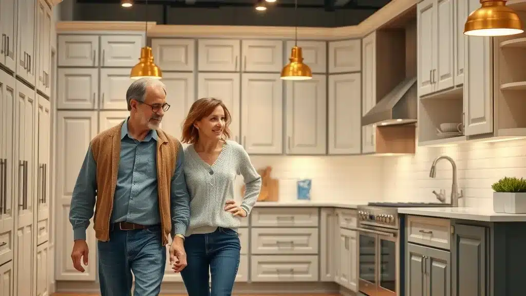 Showroom display of classic raised panel and shaker kitchen cabinets in Columbia SC, kitchen cabinets, door style trends