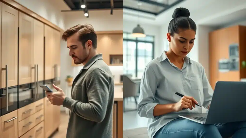 Split image comparison of local cabinet store showroom experience versus shopping for cabinets online at home.