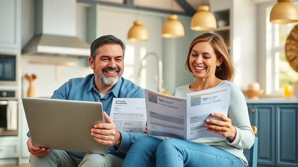 Happy couple reviewing kitchen cabinet remodel savings in Columbia SC, get the best price kitchen cabinets