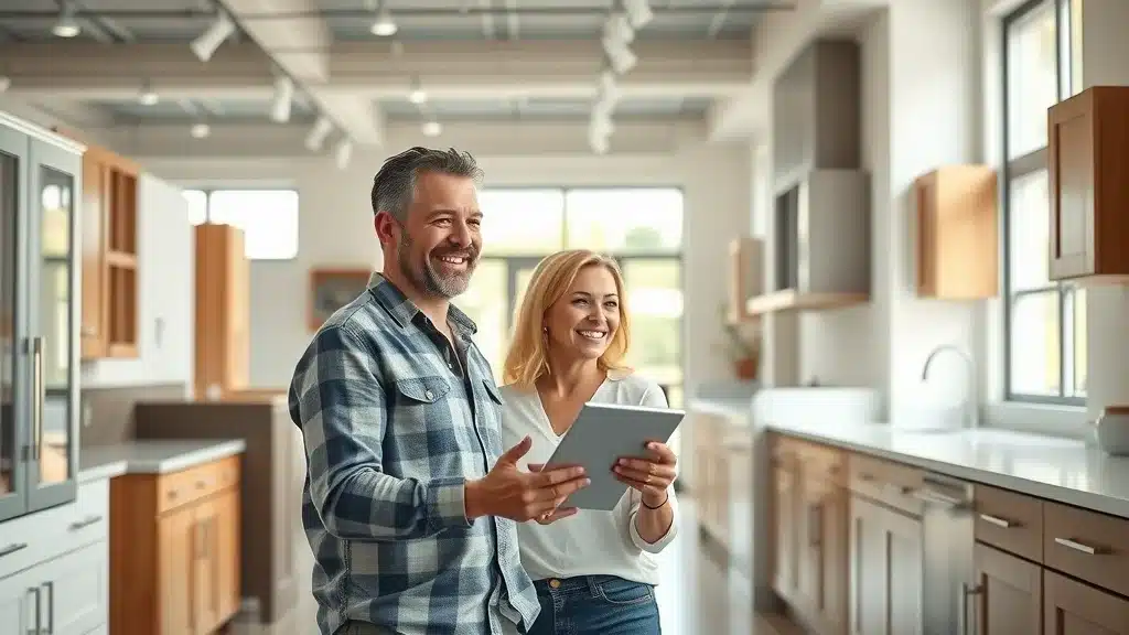Modern kitchen showroom with happy couple browsing cabinet displays at a local cabinet store near me, natural lighting, crisp textures, and organized cabinet samples.