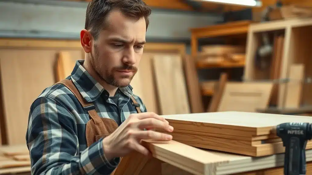 Detailed custom cabinet components, professional carpenter examining premium cabinet doors and wood panels, photorealistic, working in a well-lit woodworking shop