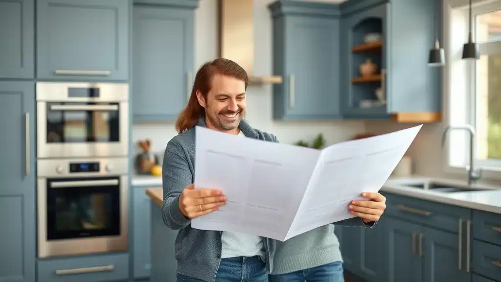 Stylish contemporary kitchen with custom cabinetry, relaxed couple reviewing kitchen design plans, trending colors, matte finishes, integrated appliances, photorealistic, modern Columbia SC setting