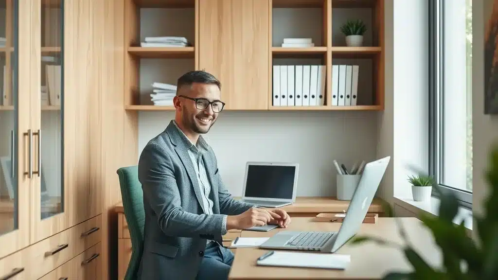Modern home office nook with custom cabinetry, content professional organizing files in shelves, natural wood, muted blue-green, soft side-lighting, photorealistic