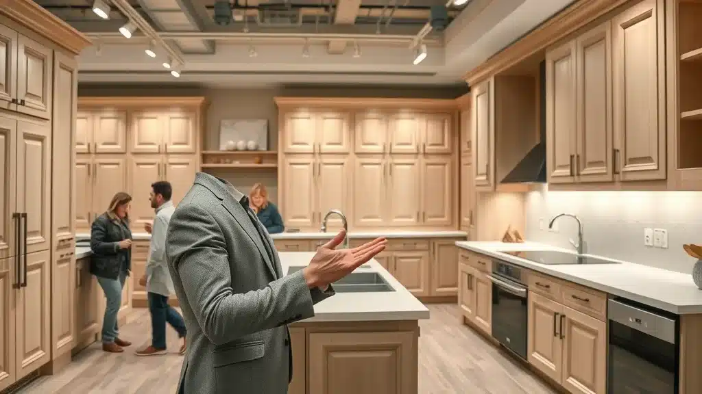 Design consultant showcasing premium cabinet options at a high-end cabinet store near me, detailed sample doors and organized cabinetry panels.