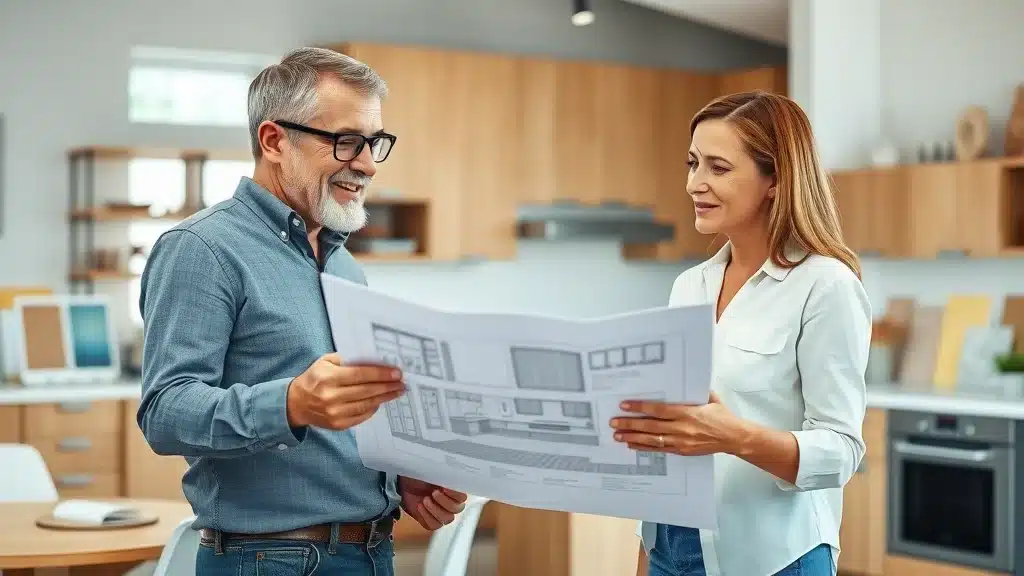 Architect and homeowner discussing kitchen remodel plans, kitchen cabinets in Columbia SC, kitchen design planning