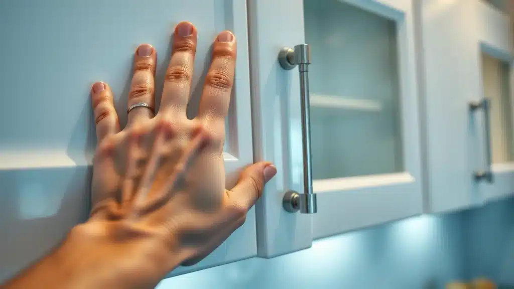 Hand demonstrating soft close kitchen cabinet hinge, cabinet safety feature Columbia SC