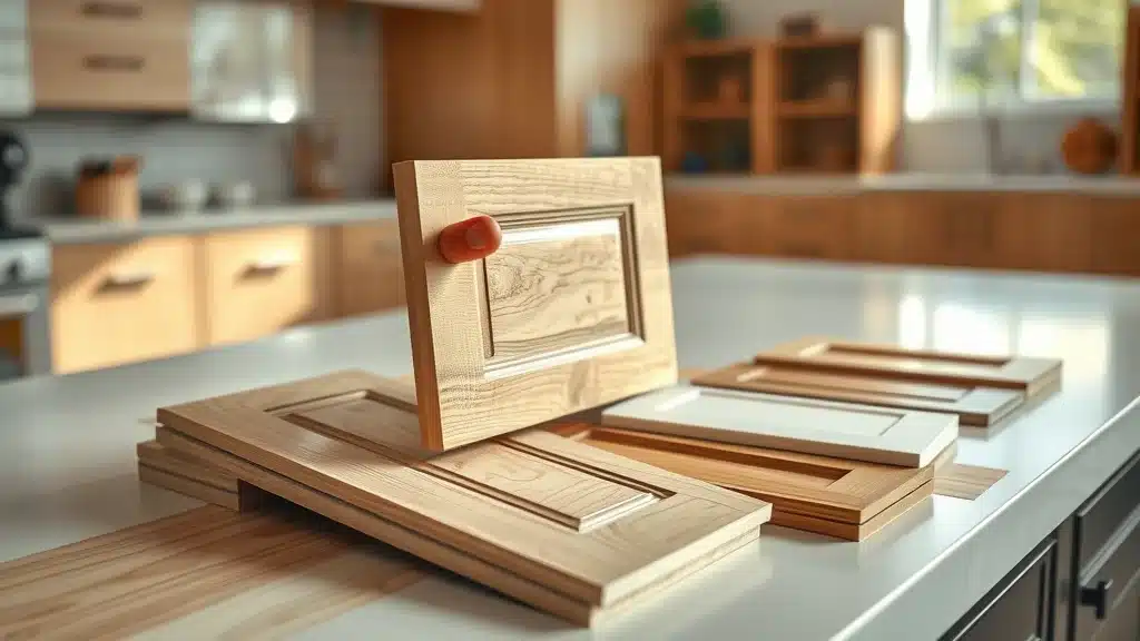 Customer opening a cabinet sample door at a cabinet store near me, close-up showing cabinet samples with rich wood grain and multiple finishes.