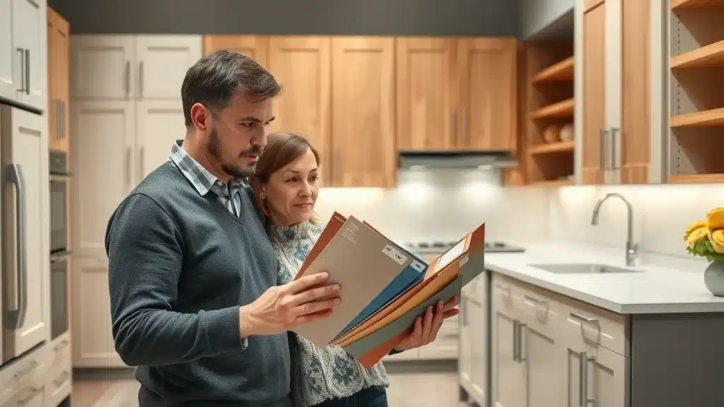 Showroom with custom cabinet samples, thoughtful couple reviewing cabinet finish swatches, sample doors and hardware, modern kitchen cabinet showroom, crisp textures