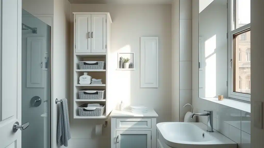 Small urban bathroom with a wall-mounted cabinet and tall storage tower maximizing space