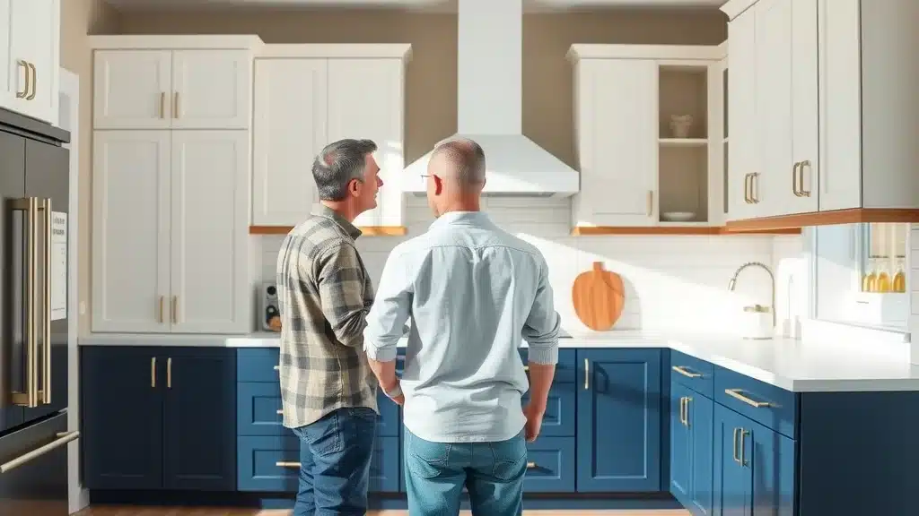 Two-tone kitchen cabinets in Columbia SC, bold modern kitchen cabinet design ideas, navy lower cabinets and white uppers, photorealistic, wide angle.