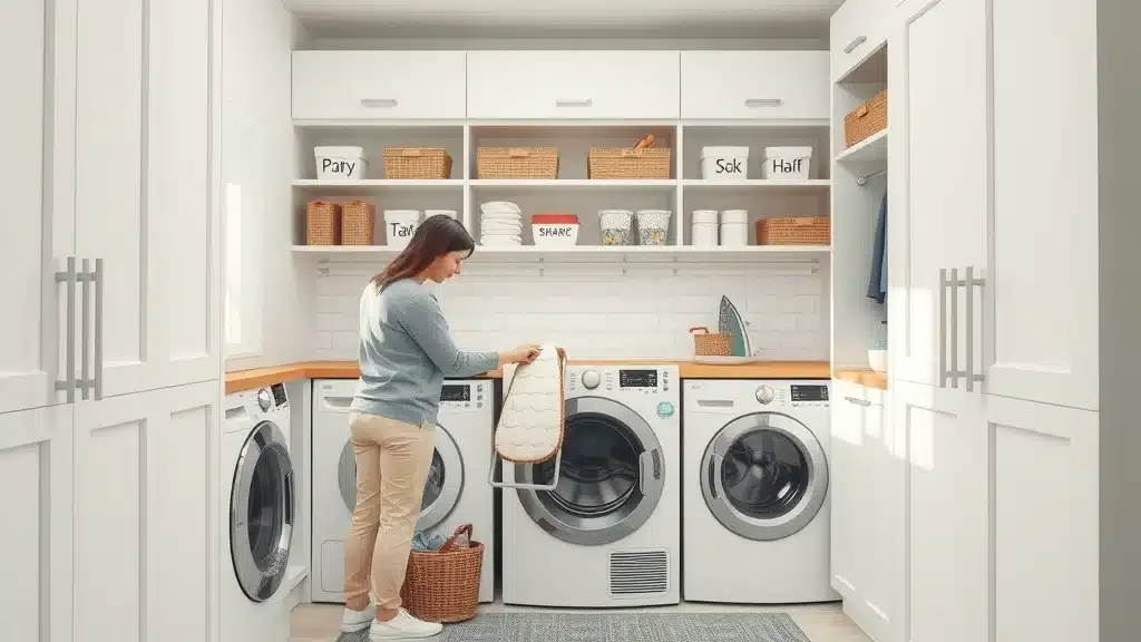 Compact laundry room cabinet design in Columbia SC, space-saving kitchen cabinet ideas, bright laundry area, photorealistic, 24mm lens.