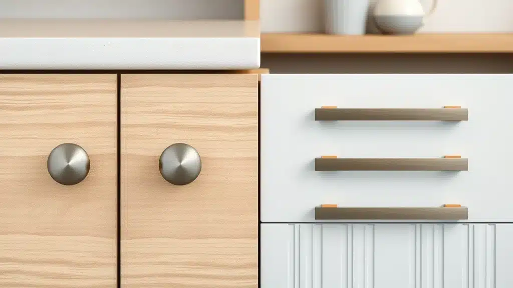 Side-by-side display of kitchen cabinet knobs and drawer pulls on stylish cabinetry, showcasing different cabinet hardware options in a contemporary kitchen with natural wood grains and brushed metal finishes.