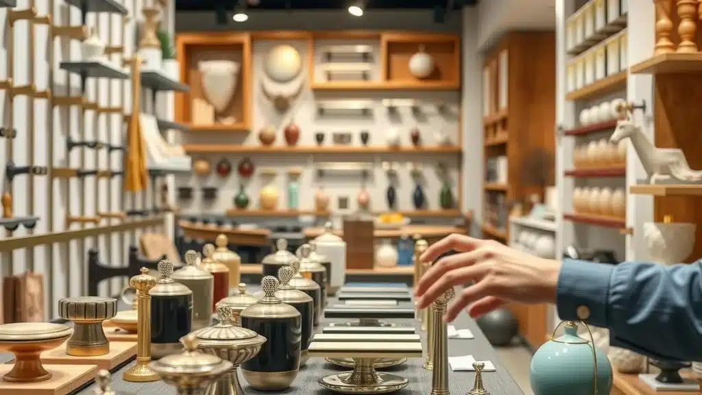 Curated display of top cabinet hardware brands in a boutique hardware store. Various cabinet knobs, pulls, and decorative cabinet hardware options in metal, ceramic, and glass are shown for Columbia, SC shoppers seeking quality and value.