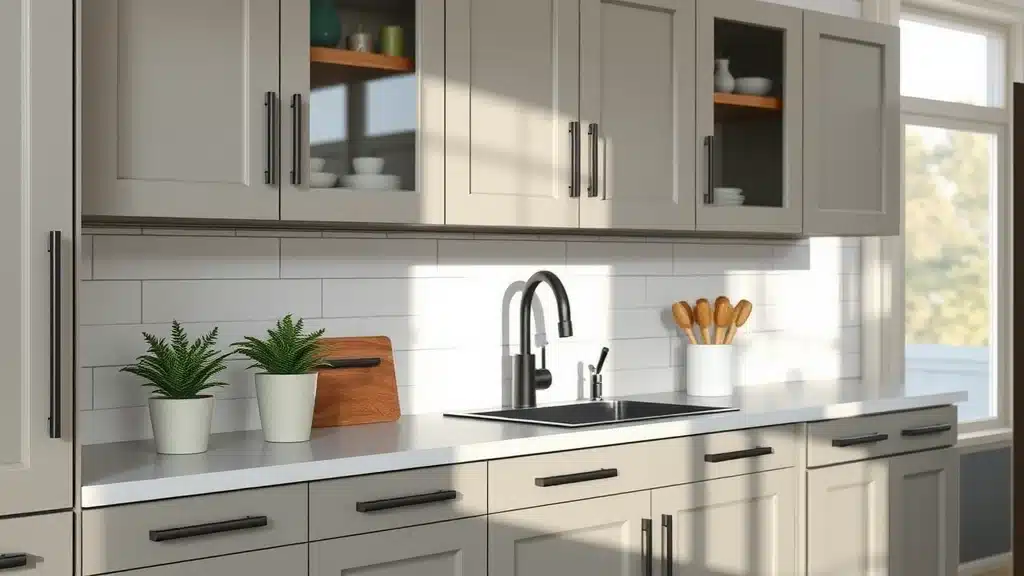 Stylish kitchen vignette featuring trendsetting cabinet hardware—modern cabinets adorned with mixed metal knobs, matte black pulls, minimalist accents, and subtle decorative elements for a luxury Columbia SC kitchen.