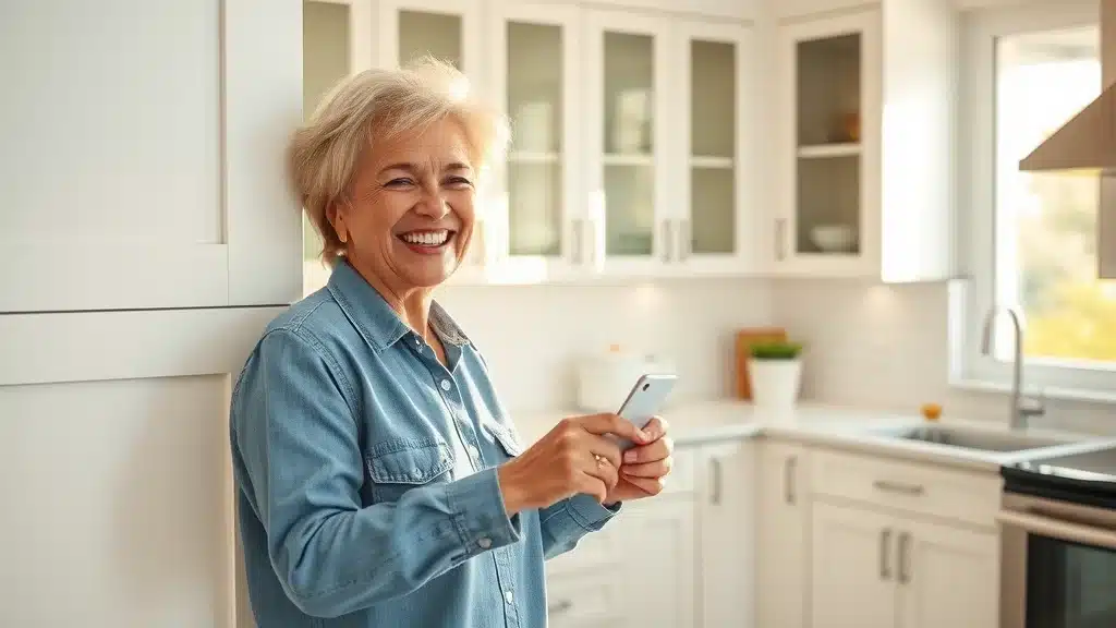 Bright and inviting modern kitchen with recently updated cabinet hardware. A happy homeowner gently opens a cabinet, showcasing new hardware on fresh cabinetry under soft daylight, highlighting the cabinet hardware upgrade.