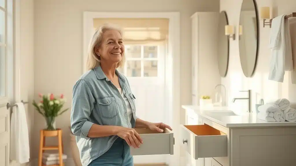 Happy homeowner in a renovated bathroom standing next to a modern new vanity and cabinet