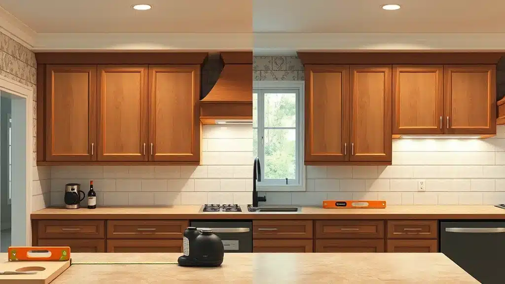 Comparison of properly aligned versus misaligned kitchen cabinets—cabinet installation mistakes visual guide