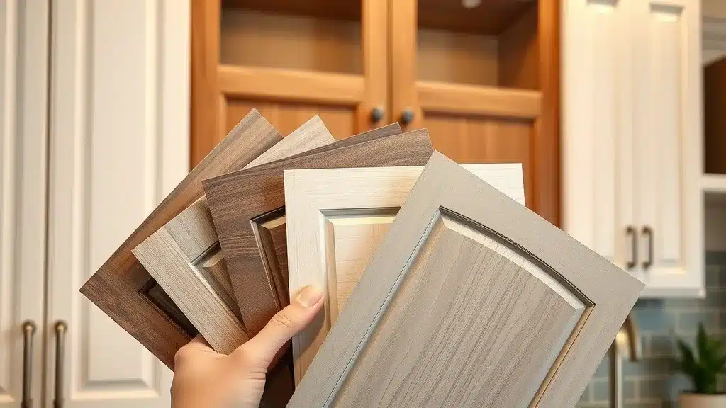 Assorted kitchen cabinet door styles and materials, highlighting cabinet installation options