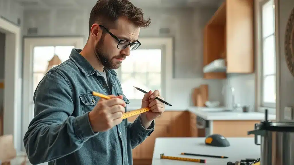 Person measuring a kitchen wall with tape measure and pencil for cabinet installation