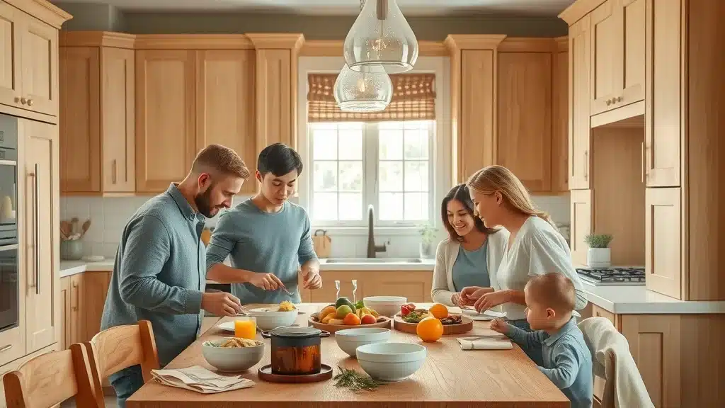Shaker-style kitchen cabinets in Columbia SC, warm family kitchen cabinet design, inviting cabinetry, photorealistic, 50mm lens.