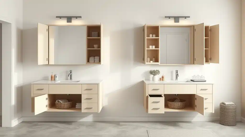 Side-by-side modern bathroom cabinet and vanity highlighting storage and functional features in a clean showroom