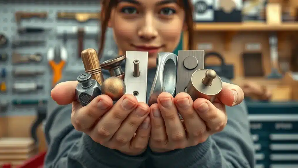 Close-up of hands holding multiple cabinet hardware samples: brass, stainless steel, and bronze finishes on sample boards in a workshop setting, highlighting cabinet hardware comparison for Columbia SC homes.