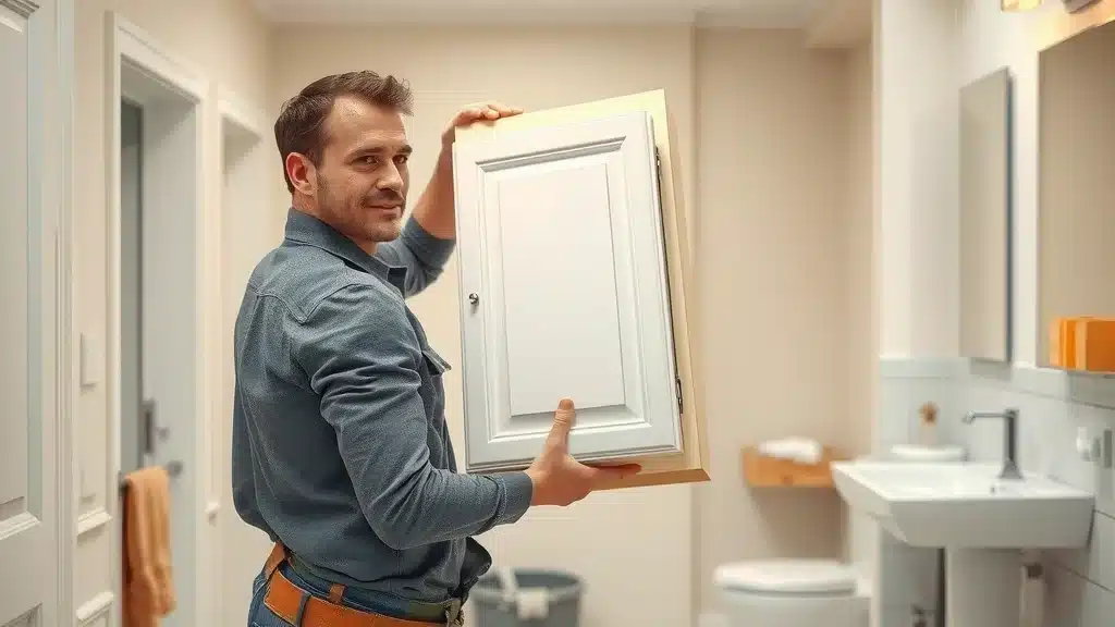 Professional installer carrying a pre-assembled bathroom cabinet about to mount it in a clean, renovated bathroom