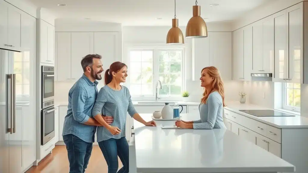 Modern kitchen with flat-panel custom cabinets in Columbia SC, stylish kitchen cabinet design ideas, open layout, satisfied homeowners, photorealistic, 35mm wide angle lens.