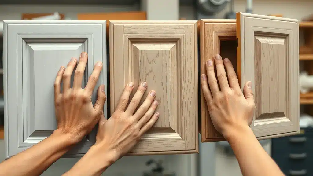Comparative close-up of cabinet doors – examining painted, refaced, and replaced cabinet finishes – cabinet remodeling textures in a Columbia SC workshop