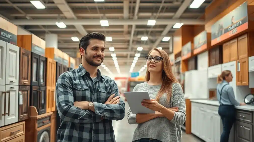 Couple compares kitchen cabinets at Columbia SC discount outlet and major big box store