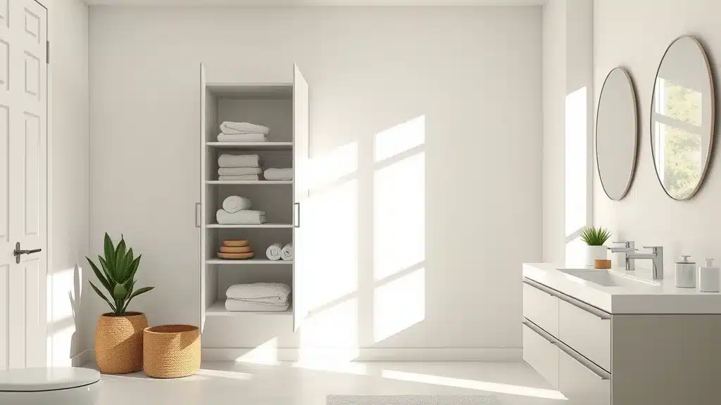 Bright contemporary bathroom interior showing a sleek bathroom cabinet with soft-close door and organized shelves in a sunlit residential bathroom