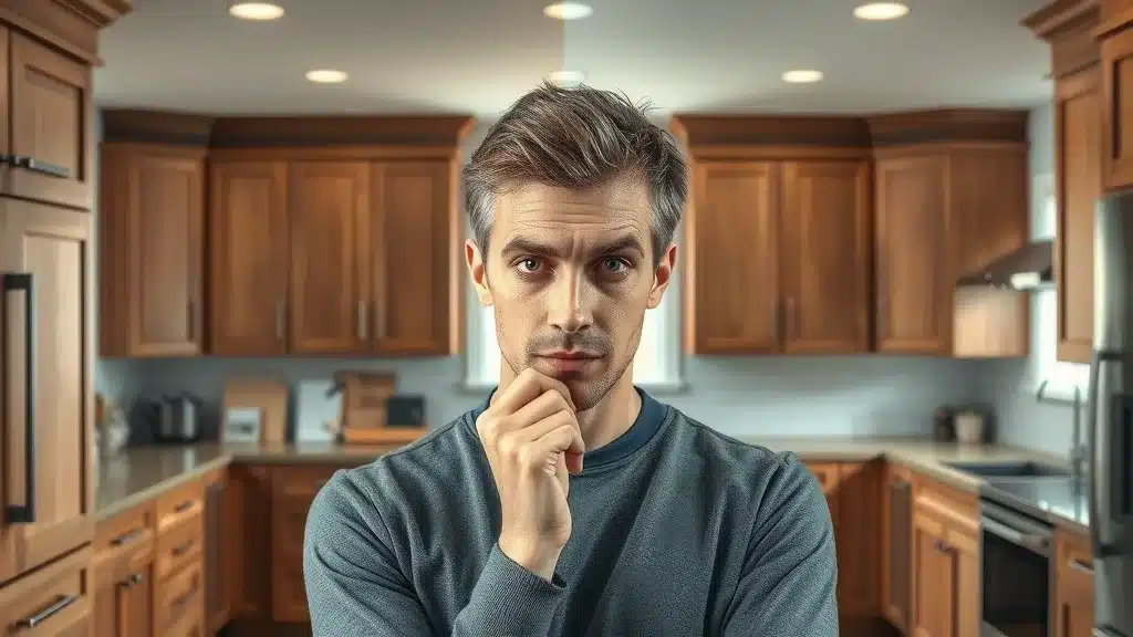 Columbia SC custom cabinet vs stock cabinet side-by-side, kitchen cabinet design ideas, buyer decision, photorealistic, 85mm lens.