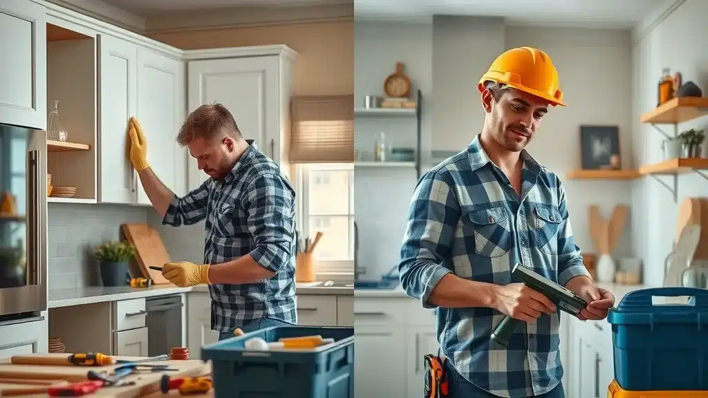Homeowner assembling cabinets DIY vs. professional installer working—cabinet installation comparison