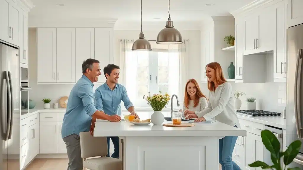 Family enjoys breakfast in bright white shaker kitchen cabinets Columbian SC