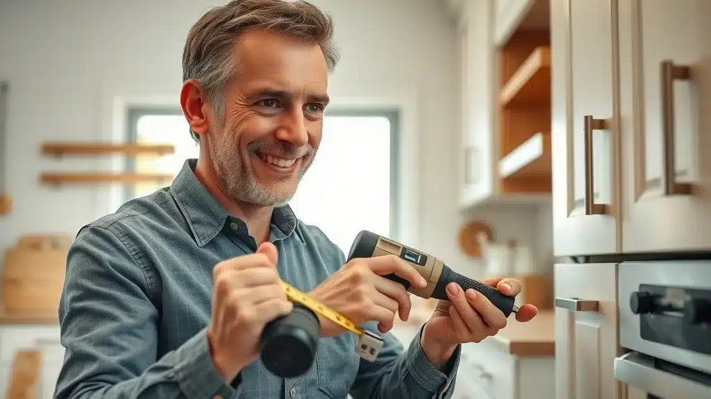 Homeowner installing cabinet hardware—using a measuring tape and electric screwdriver to attach drawer pulls in a sunlit Columbia SC kitchen. Focus on accurate measurement and secure installation for optimal cabinet hardware performance.