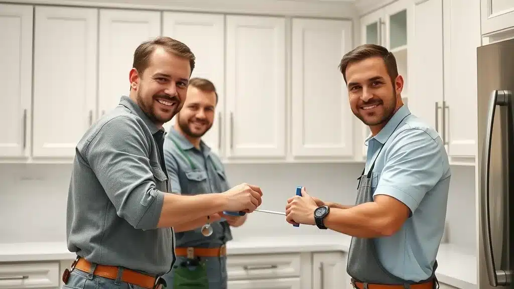 Professional cabinet installation team – precise installation of new cabinet doors in a Columbia SC kitchen remodel