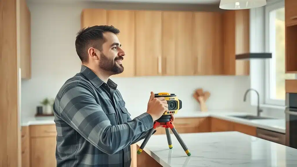 Professional installer leveling a kitchen cabinet with a laser level in a modern, remodeled kitchen with marble countertops - cabinet installation