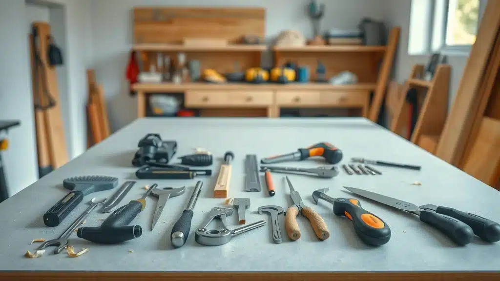 Organized cabinet installation tools arranged on a workbench for kitchen cabinet install