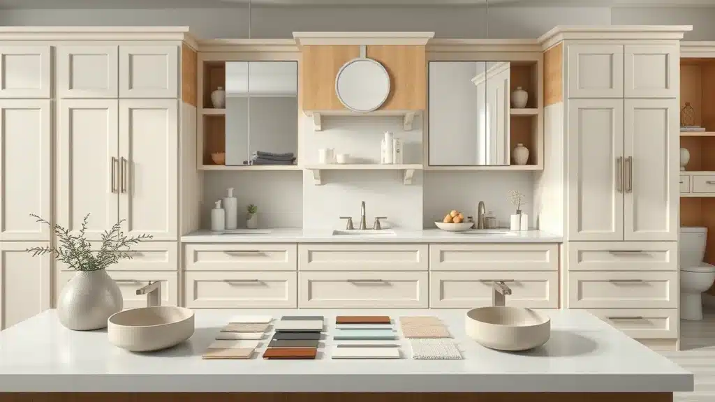 Modern bathroom cabinet samples with various finish swatches and matching hardware in a bright designer showroom