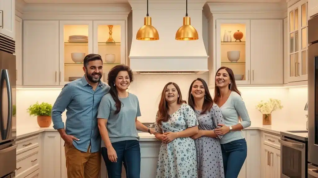 Luxury kitchen reveal – family admiring new cabinet doors and open shelving as part of a kitchen remodel in Columbia SC